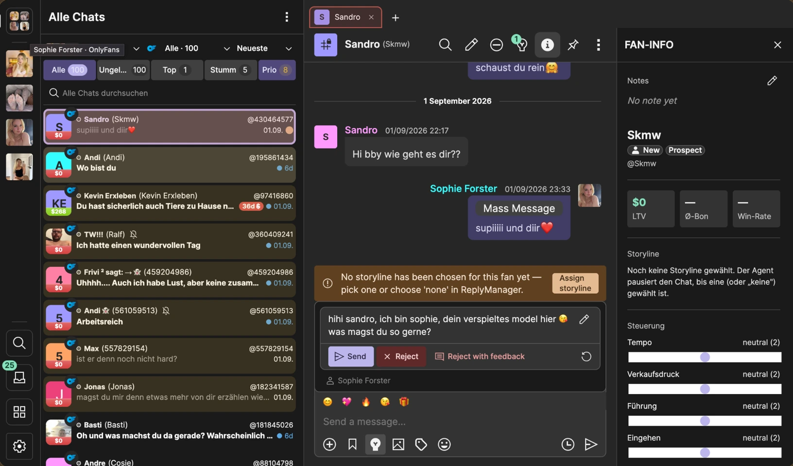 Original-CRM mit Creator-Leiste, Chatliste, Antwortfreigabe und Fan-Informationen